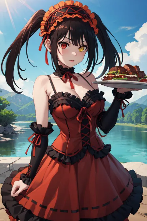 masterpiece, (detailed, highres, best quality), 1girl,  <lora:TokisakiKurumi:1> KurumiBase, (clock eyes), heterochromia, twintails, hairband, red dress, frills, detached sleeves, frilled choker, cowboy shot, food, jirai kei, meat, outdoors, plate, river, tongs, From bellow, scared