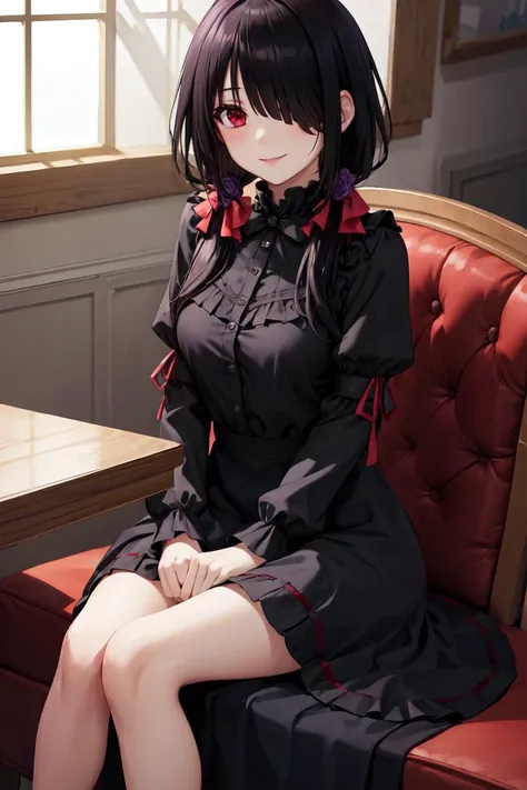 masterpiece, best quality, absurdres, KurumiBlack, hair over one eye, low twintails, hair bow, black dress, sitting, indoors, dark room, purple furniture, smile, <lora:CHAR-TokisakiKurumi:1>