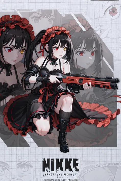 KurumiBase, (clock eyes), heterochromia, twintails, hairband, red dress, frills, detached sleeves, frilled choker, <lora:Char_DateALife_TokisakiKurumi:1>, IncrsNikkeProfile, full body, zoom layer, holding weapon, holding gun, one knee, <lora:Pos_NikkeProfile:0.9>