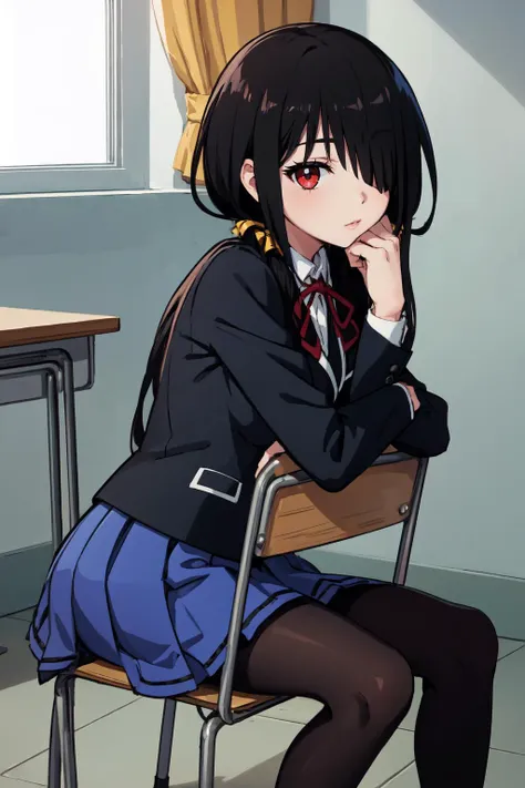 High Quality, Masterpiece, KurumiSchool, low twintails, hair over one eye, school uniform, black jacket, blue skirt, neck ribbon, black pantyhose, <lora:Char_DateALife_TokisakiKurumi:1>, female focus, looking at viewer, sitting backwards, sitface, <lora:Pos_SittingBackwards:1>