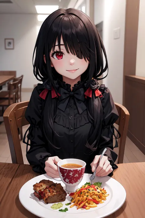 High Quality, Masterpiece, KurumiBlack, hair over one eye, low twintails, hair bow, black dress, <lora:Char_DateALife_TokisakiKurumi:1>, food, simple background, elbows on table, cup, blurry background, indoors, upper body, <lora:Pos_AcrossTable:1>, smile,