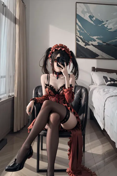 High Quality, Masterpiece, KurumiBase, twintails, hairband, red dress, frills, detached sleeves, frilled choker, <lora:Char_DateALife_TokisakiKurumi:1>, p_m_s, <lora:View_MirrorSelfie:0.6>, mirror, pov, sitting, crossed legs,