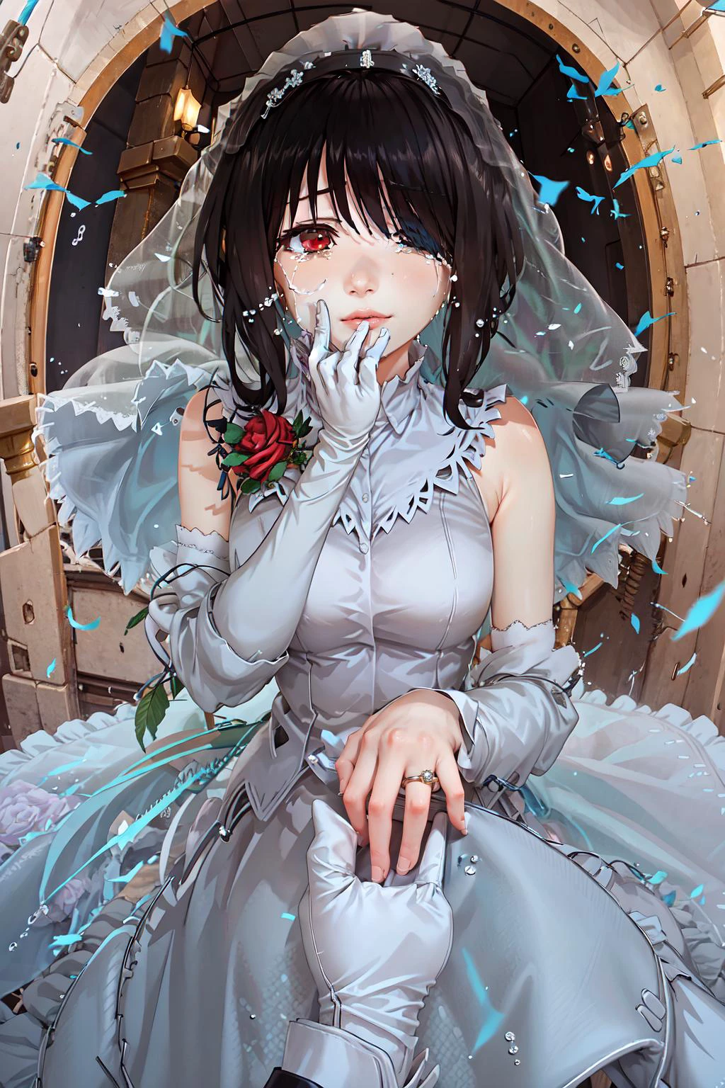 High Quality, Masterpiece, KurumiWedding, hair over one eye, bridal veil, wedding dress, elbow gloves, <lora:Char_DateALife_TokisakiKurumi:1>, IncrsProp, wedding ring, <lora:Pos_Proposal:1>, tears, happy tears, crying, happy, upper body,