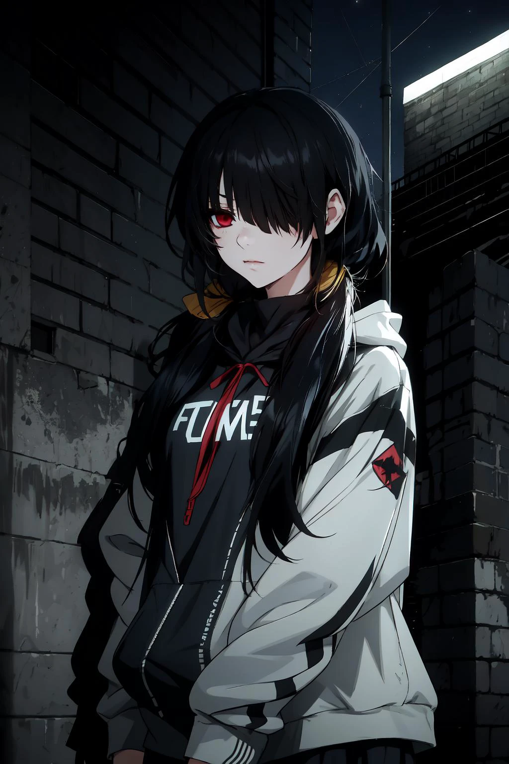 High Quality, Masterpiece, TokisakiKurumi, hair over one eye, low twintails, <lora:Char_DateALife_TokisakiKurumi:1>, hoodie, edgTM, wearing edgTM_style fashion, eccentric clothing, <lora:Outfit_Mugler:1>, outdoors, night, (dark environment), <lora:Style_DarkIncursioStyle:1>