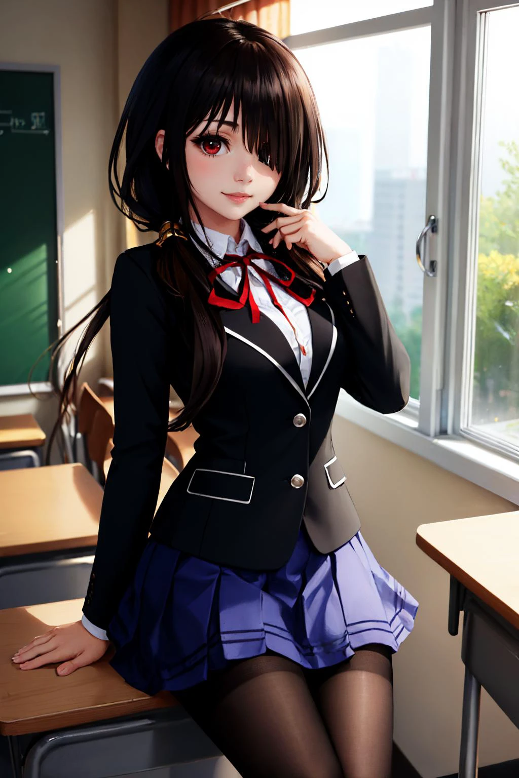 (masterpiece, best quality:1.2), classroom, solo, 1girl, KurumiSchool, smile, looking at viewer, low twintails, hair over one eye, school uniform, black jacket, blue skirt, neck ribbon, black pantyhose <lora:TokisakiKurumi:1>