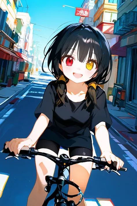Highly detailed, High Quality, Masterpiece, beautiful,masterpiece,best quality, illustration, 1girl, solo,
<lora:äººç©-çº¦æ-æ¶å´çä¸(ChameleonAI):0.8> KurumiBase, (clock eyes), heterochromia,low twintails,red right eye,medium breasts,black dress,
riding bicycle,urban environment,cityscape background,old apartment building,weekend scene,specific urban atmosphere,retro vibes,modern touches,clear skies,daylight,animated style,expressive face,joyful expression,happy demeanor,childhood memories,meaningful journey,vivid colors,