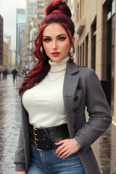 photo of lucyp:0.99, a woman with red hair, ((hair up, hair in bun)), ((pale skin)), ((cowboy shot, waist, hips, thighs):1.1), ((turtleneck sweater, heavy coat):1.2), ((cloudy, overcast, raining, outdoors, city street):1.2),((detailed face, beautiful face, detailed eyes, beautiful eyes):1.3), ((lipstick, eyeliner, eye shadow):1.2),((best quality, masterpiece, extreme details):1.2) ((detailed eyes, detailed face):1.2), ((fully clothed))