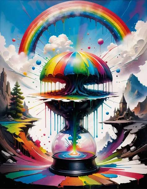 A painting with rainbow and hand in the center a white, in the style of surrealist collages, vanitas paintings, brothers hildebrandt, jamie baldridge, karel thole <lora:SDXLPaintSplash:0.8> Colorsplash whimsical, 8k, digital art, cover art