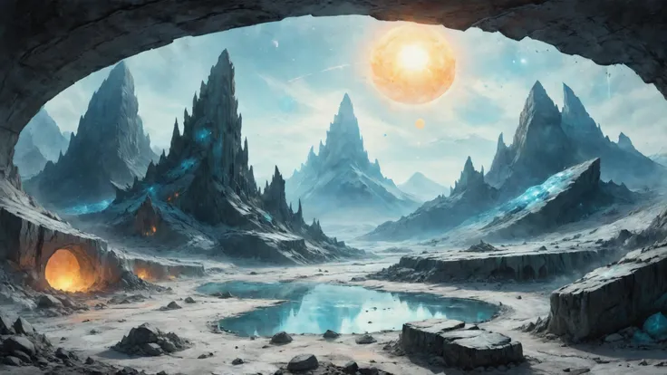The ruins of an alien civilization, Glacial formations reflecting the alien sun in the background,, Top-down Lighting, on parchment, colorsplash, sharp focus 8k, trending on ArtStation <lora:RMSDXL_Creative:0.4> <lora:ParchartXL-2.0:1> <lora:SDXLPaintSplash:0.7>