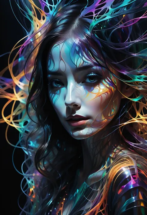 Abstract style mysterious figure emerges from the shadows in a tangled mess of iridescent wires and glowing mesh, colorsplash 1girl, extreme close-up, face hidden behind layers of glitched wavy distortions, Non-representational, colors and shapes, expression of feelings, imaginative, highly detailed,  <lora:xl_yamer_style-2.0:0.6>  <lora:xl_more_art-full_v1:0.4> <lora:SDXLPaintSplash:0.4>