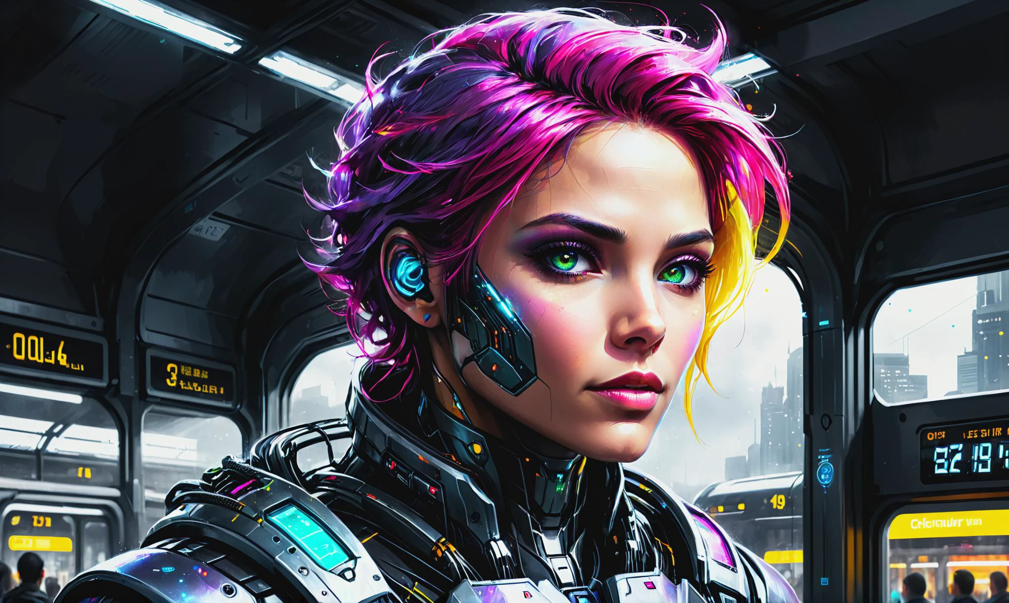 Detailed digital portrait of a <lora:CelestialPunkAI:0.7> celestialpunkai, s0lar, lun4r, st3llar cyborg at a Crowded hoverbus station with digital schedules, <lora:xl_more_art-full_v1:0.4>, <lora:SDXLPaintSplash:0.7> colorsplash, Chiaroscuro,  <lora:EnvyCharacterPortraitHelperXL01:0.7> solo character portrait, dark background