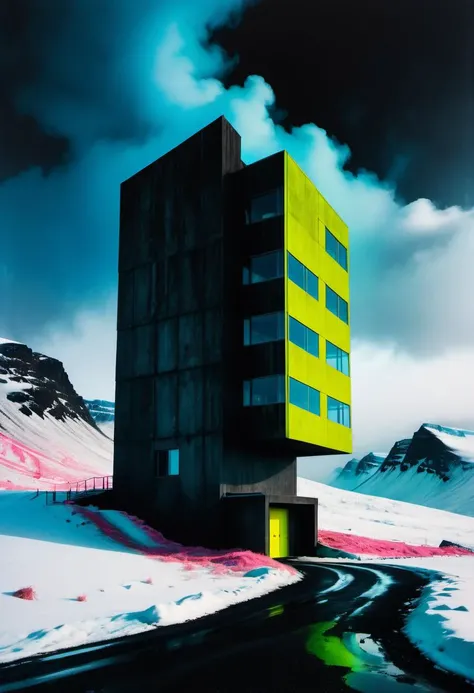 Ombre colors of neon pink, neon yellow, neon green, neon blue
Ultra wide angke cinematic photo of a mesmerically moody dark and gloomy massively monolithic Scandinavian minimalism brutalist futuristic structure on an icelandic Norwegian Scandinavian mountain exterior between two worlds with snow mist and fog and dust styled <lora:SDXLPaintSplash:0.8> Colorsplash, subsurface scattering, ultra hd, 4k, high def, Photorealistic, Hyperrealistic, Hyper detailed, analog style, realistic, masterpiece, best quality, ultra realistic, 8k, Intricate, High Detail, film photography, soft lighting, heavy shadow