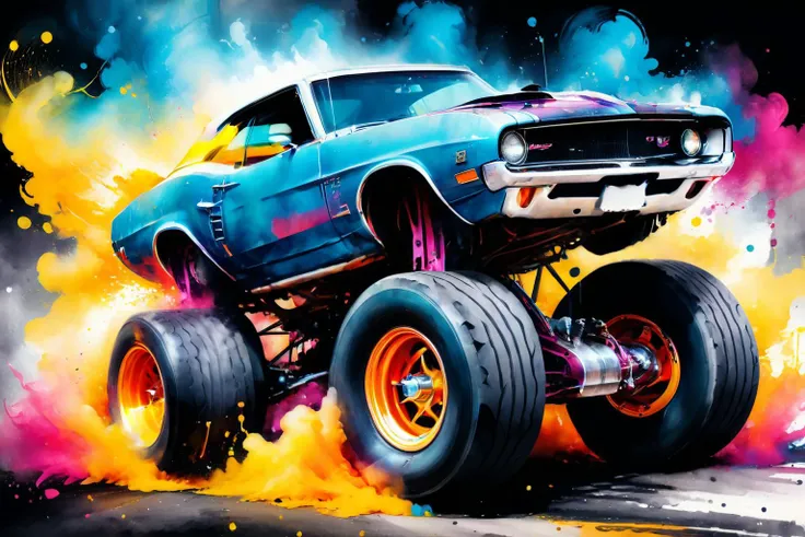 <lora:xl_more_art-full_v1:0.7>, (best quality:1.5), (intricate emotional details:1.5), detailed digital illustration of a [monster truck:classic muscle car:0.3] in a Parallel universe merging with ours, <lora:SDXLPaintSplash:0.7> colorsplash