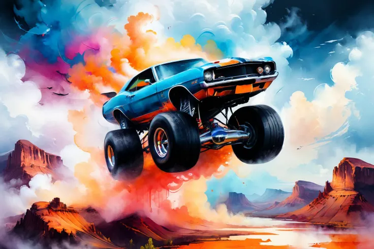 <lora:xl_more_art-full_v1:0.7>, (best quality:1.5), (intricate emotional details:1.5), detailed digital illustration of a [monster truck:classic muscle car:0.3] in a Floating islands above cloud canyons, <lora:SDXLPaintSplash:0.7> colorsplash