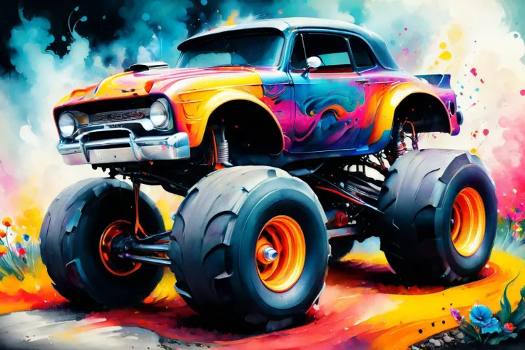 <lora:xl_more_art-full_v1:0.7>, (best quality:1.5), (intricate emotional details:1.5), detailed digital illustration of a [monster truck:hot rod:0.3] in a Quantum garden where reality bends, <lora:SDXLPaintSplash:0.7> colorsplash