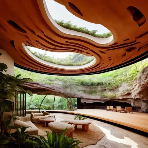 A view of a room with a circular ceiling and a wooden table - SeaArt AI