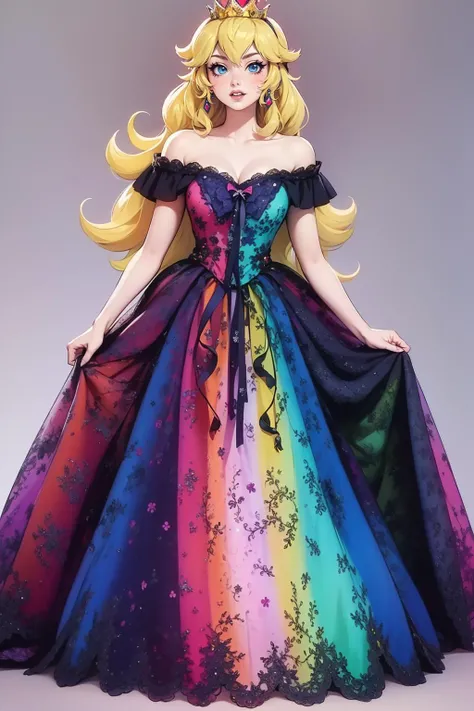 anime style, 1girl, solo, beautiful adult woman,best quality, high quality,rim lighting (princess peach), (pink theme), <lora:Outfit_hud-StainedGlassGown:0.75> b34uty_g0wn_3,long multi colored gradient gown, lace, puffy underskirt, off shoulder, tiara,