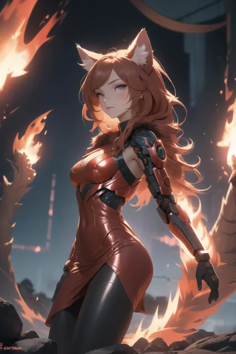 A photograph of a catgirl, fully cothed, red glowing cyberpunk dress, cyberpunk red dress, cute 18 year old catgirl, big cat paws, covered in red fur, fuzzy red tail, fuzzy red fur, beautiful red eyes, long red flowing hair, phoenix catgirl, fiery hair and arms, glowingeffects, fire, flames, exomagmatech, scifi, lava made, firefull, translucent, 4k, 35mm film, <lora:CatgirlLoraV7:0.4>, <lora:ExoMagmaTech:0.2>, <lora:FireElement_concept:0.2>