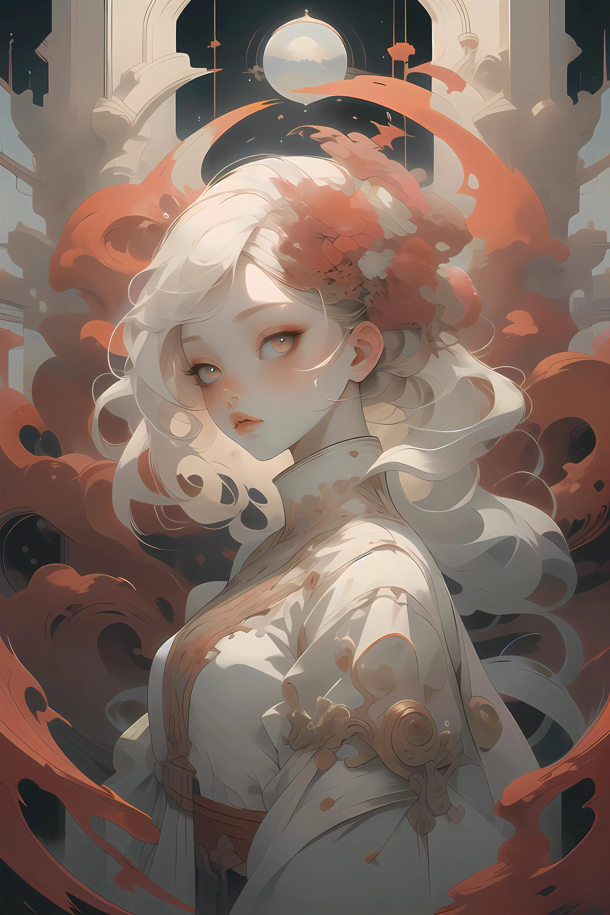 (ultra-detailed), (masterpiece), (best quality), (depth of field), (sharp focus), (cinematic lighting), (vibrant colors), <lora:AnzhcDreamwave v3_1 watermark fix:1> anzhcdreamwave, aesthetic, canvas with red paint, 1girl, creativity, detailed white dress, elegant, confident, hair ornament, dreamlike state