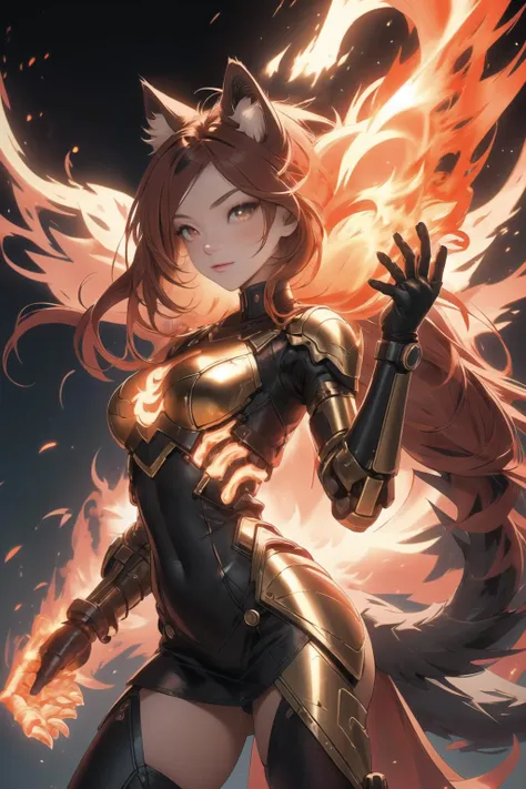 A photograph of a catgirl, fully cothed, red glowing cyberpunk dress, cute 18 year old catgirl, big cat paws, covered in red fur, fuzzy red tail, fuzzy red fur, beautiful red eyes, long red flowing hair, phoenix catgirl, fiery hair and arms, glowingeffects, fire, flames, exomagmatech, scifi, lava made, firefull, translucent, 4k, 35mm film, <lora:CatgirlLoraV7:0.4>, <lora:ExoMagmaTech:0.4>, <lora:FireElement_concept:0.4>