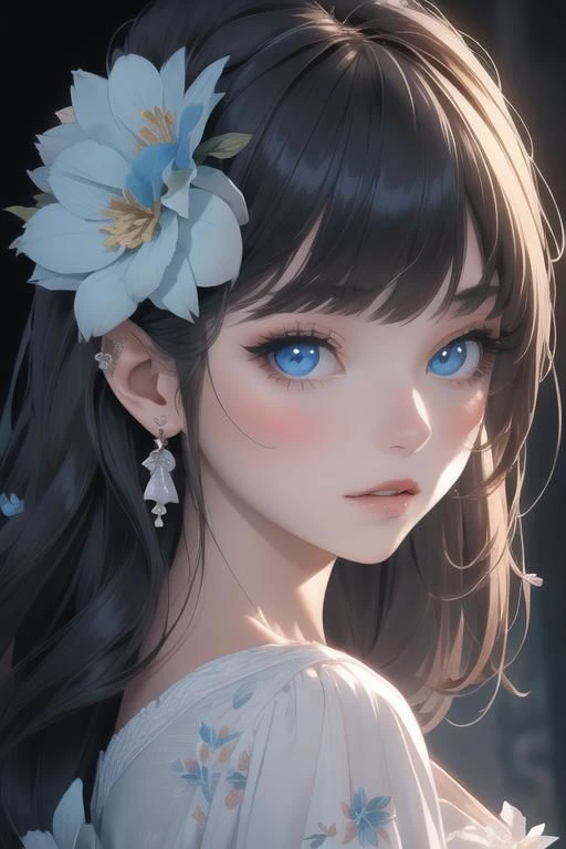 solo, 1girl, (exceptionally detailed:1.2), (captivatingly beautiful:1.3), (close-up shot:1.4), parted_lips, blue_eyes, BREAK, (silky hair:1.3), (mystery:1.2), (soft lighting:1.3), (subtle makeup:1.2), (subdued floral arrangement:1.3), elegant, refined ambiance