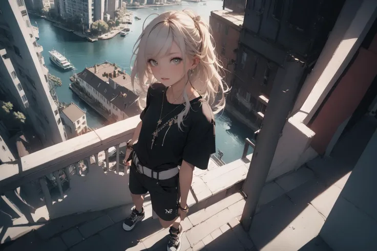 8k,((best quality)),((masterpiece)),high_res,realistic,(from above:1.2),(full shot:1.4),cowboy shot 1 girl,solo,mature,on the balcony,mutlicolor hair,black sport shirt,white shorties,sneakers,background,(river, night city),background,bioluminescent,HDR,Deph Of Field,DOF,dynamicpose,perspectives