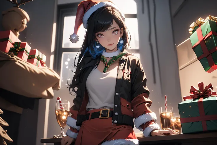 (Chrismas top,chrismas jacket, chrismas skirt, XMAS:1.5)1girl,black pants,bloom,black hair,somber expression,pink eyes,pale skin,vibrant blue hair,piercings,(ruffles,),
Depth-Of-Field,DOF,HDR,High Dynamic Range,Subsurface Scattering,Post-Processing,Anisotropic Filtering,Octane Render,Masterpiece,Best Quality,Extremely Detailed CG,Unity 8k Wallpaper,3D,detailed background,mystical,