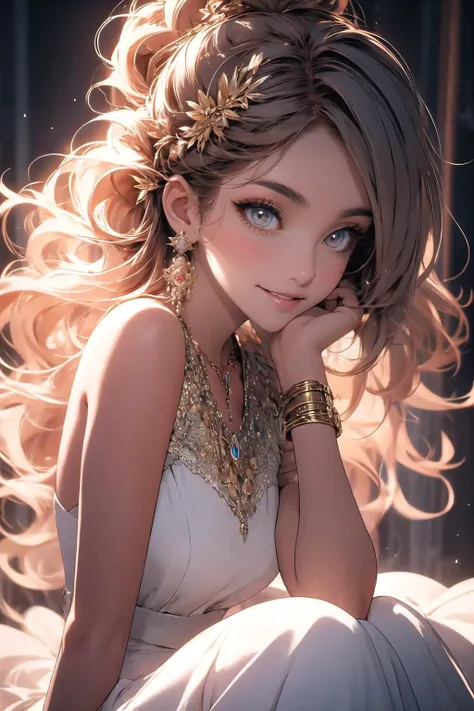 <lora:wrenchsfantasy-000016:0.75>, wrenchsfantasy, fantasy, glowing eyes, 1girl, close-up, light smile, jewelry, necklace, white dress, sitting, evening gown,