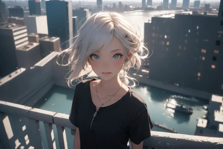 8k,((best quality)),((masterpiece)),high_res,realistic,(from above:1.2),(full shot:1.4),cowboy shot 1 girl,solo,mature,on the balcony,mutlicolor hair,black sport shirt,white shorties,sneakers,background,(river, night city),background,bioluminescent,HDR,asurdres,Deph Of Field,DOF,dynamicpose,