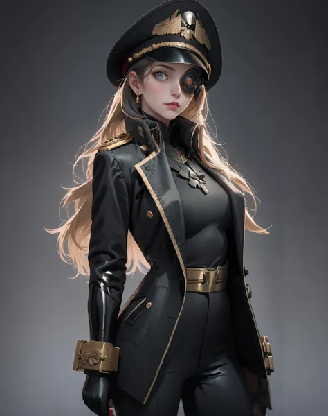 ((Masterpiece, best quality,edgQuality)),
edgCommissar, upper body, weapon, woman, uniform, epaulettes ,wearing edgCommissar,(((artificial eye))),skull emblem,millitary uniform,hat,
<lora:edgWar40kCommissarv1:1>