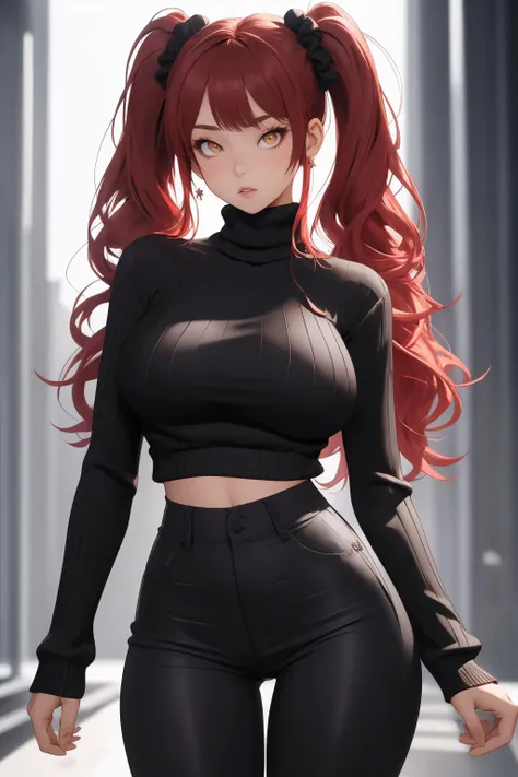 masterpiece, best quality, 1girl, solo, red hair, twin tails, very long hair, hair scrunchie, yellow eyes, turtleneck sweater, ribbed sweater, huge breasts, parted lips, mature female, hip focus