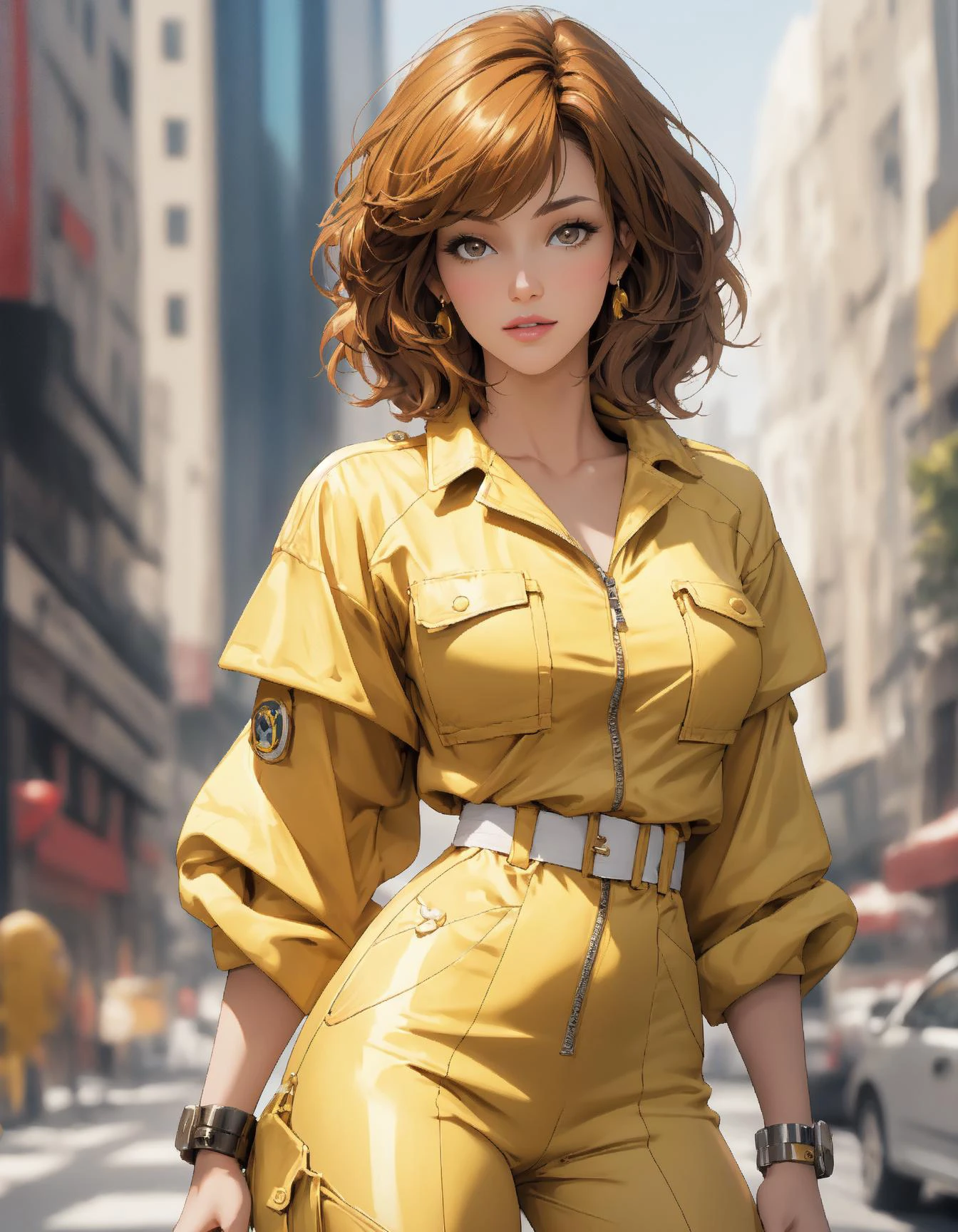 realistic,RAW photo,masterpiece, beautiful woman supermodel ,perfect lighting , april o'neil,short brown hair, black eyes,(yellow jumpsuit), sleeves rolled up, portrait