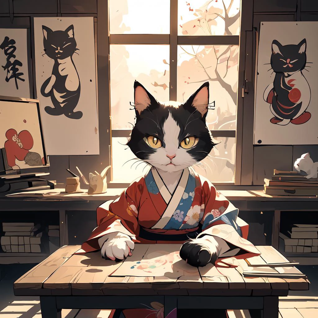 (masterpiece, best quality, highly detailed, dynamic lighting, expressive, vibrant colors, strong contrast, colorful:1.4),
solo, (an anthropomorphic calico cat sitting at a desk wearing a kimono and working on a woodblock print:1.4), inside a japanese woodcarver's home, chisels and woodblocks,
tatami mat, art scrolls on wall, sliding door, edo period,