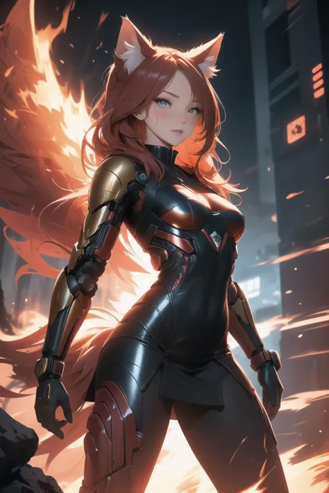 A photograph of a catgirl, fully cothed, red glowing cyberpunk dress, cyberpunk red dress, cute 18 year old catgirl, big cat paws, covered in red fur, fuzzy red tail, fuzzy red fur, beautiful red eyes, long red flowing hair, phoenix catgirl, fiery hair and arms, glowingeffects, fire, flames, exomagmatech, scifi, lava made, firefull, translucent, 4k, 35mm film, <lora:CatgirlLoraV7:0.4>, <lora:ExoMagmaTech:0.2>, <lora:FireElement_concept:0.2>