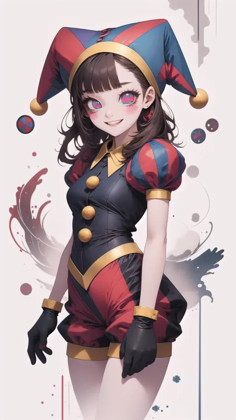 <lora:pomni:1>, pomni, multicolored clothes, jester cap, puffy short sleeves, gloves, buttons, colored skin, symbol-shaped pupils, red eyes, blue eyes, <lora:ink-0.1-3-b28-bf16-D128-A1-1-ep64-768-DAdaptation-cosine:1>, white background, scenery, ink, light smile,