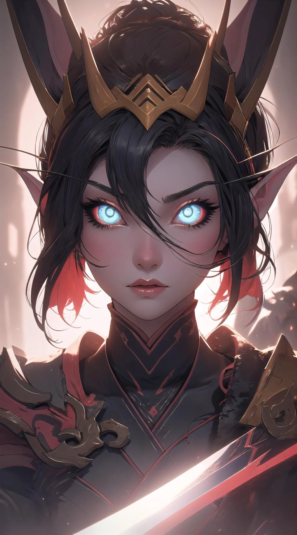 <lora:bloodelf-warcraft-richy-v1:1>, bldelf, glowing eyes, colored sclera,
the swords of the dragonborn, in the style of neo-traditional japanese, magali villeneuve, close-up intensity, urban and edgy, xiaofei yue, dark crimson and orange, traincore,