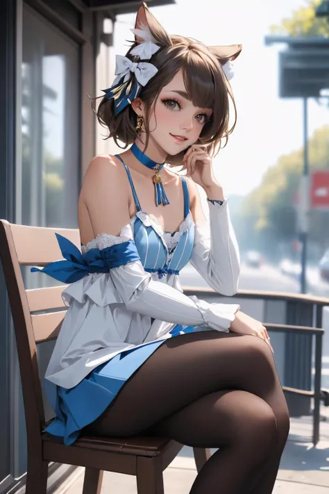 (masterpiece, best quality:1.2), solo, male focus, 1boy, felix argyle, otoko no ko, smile, looking at viewer, sitting, chair, hair bow, dress, striped, ribbon, detached sleeves, pantyhose, blue choker, tail, collarbone, bare shoulders, outdoors <lora:rezero_felixargyle:1>