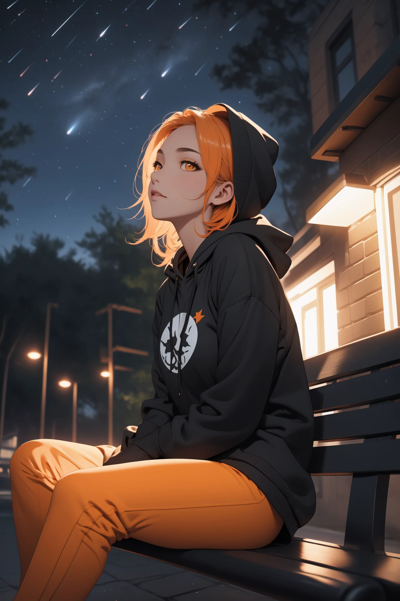 best quality,1girl, dark, night, sitting on bench, backyard, vibrant night sky, looking up, messy hair, red hair, orange eyes, summer night, hoodie, capri pants, hood up, dynamic lighting, intricate detail,