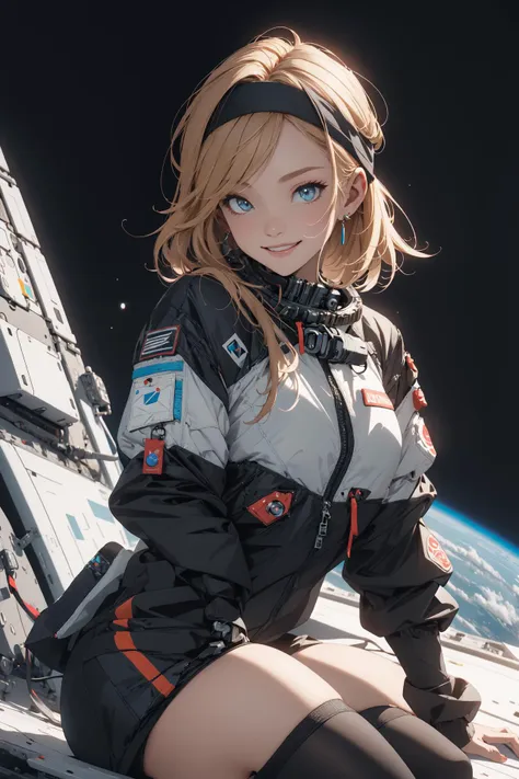 ((Best quality)),((masterpiece)),highres,detailed,(1 girl),cinematic lighting,sitting,(space suit),mars,rocky scene,red planet,smiling,short blond hair,headband,