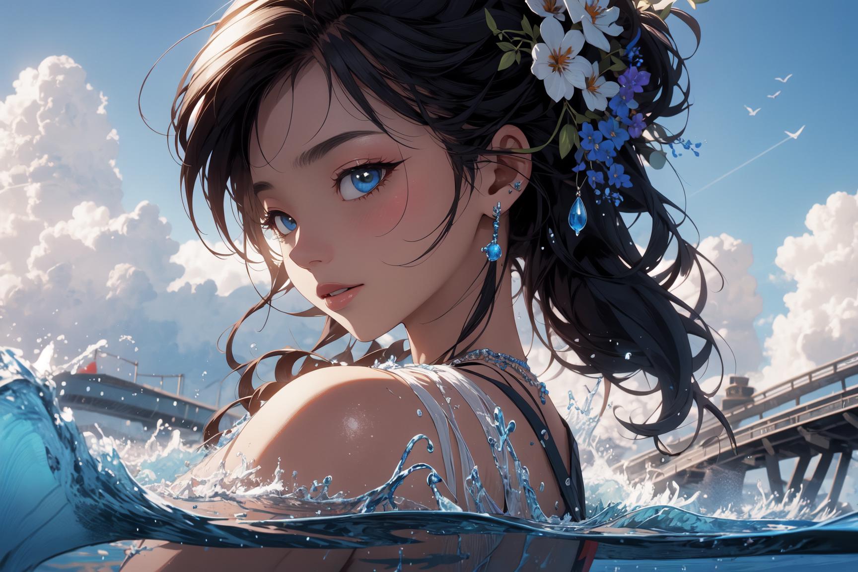 Anime girl in a bikini in the water with a flower in her hair - SeaArt AI