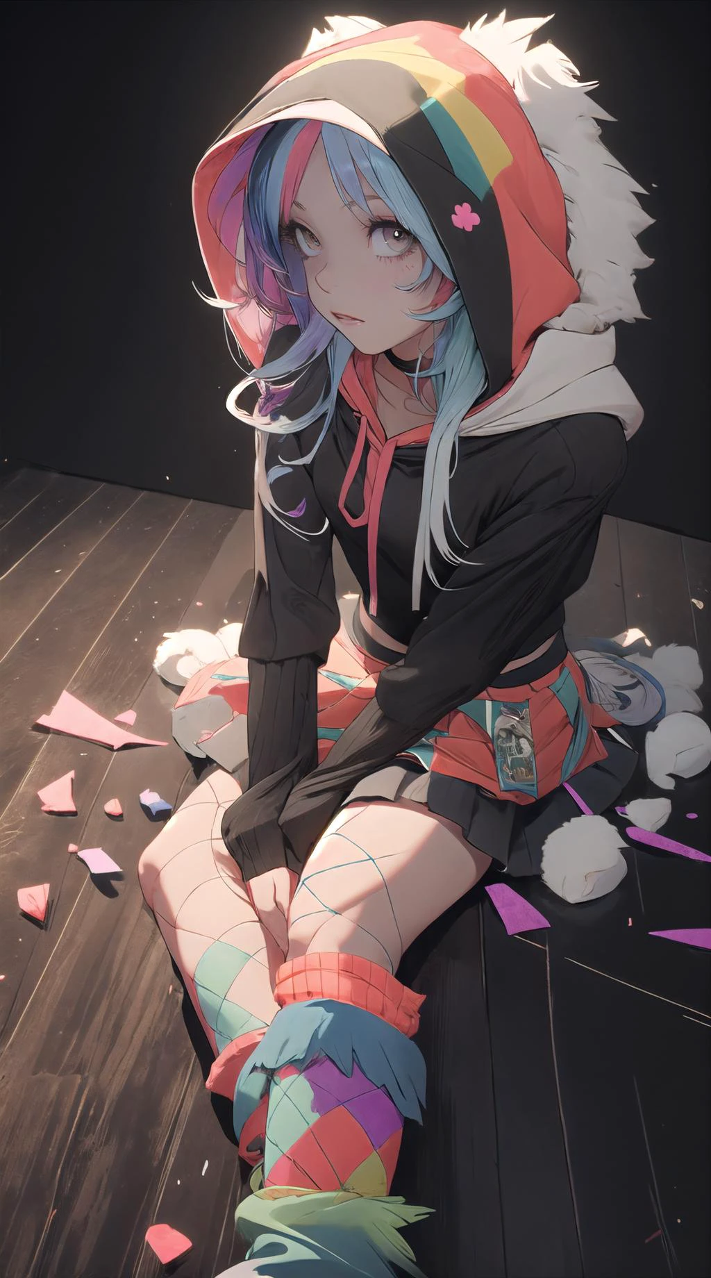 <lora:edgRaveGirls:1>, edgRavegirl, long hair, socks, hood, multicolored clothes, colorful, multicolored skirt, multicolored legwear, rainbow hair, wearing edgRavegirl, fishnets, fur leg warmers, short shorts, fetal position,
