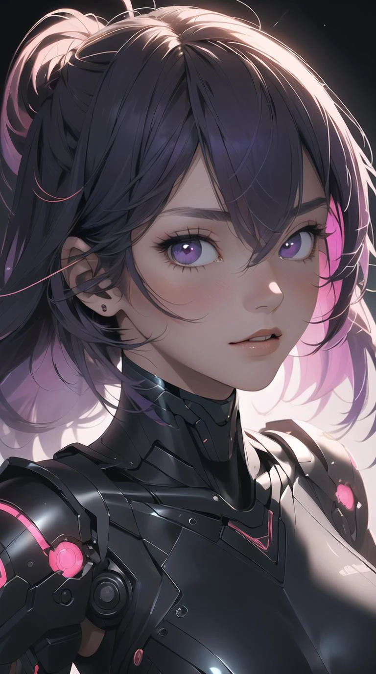 (masterpiece, best quality, highres:1.2),(photorealistic:1.2),(intricate and beautiful:1.2),(detailed light:1.2),(soft lighting, side lighting, reflected light),(colorful, dynamic angle),upper body shot,fashion photography,cyborg girl,red eyes,purple hair,dynamic pose,light passing through hair,(futurist background:1.3),(perfect skin),(sharp),