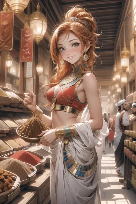 masterpiece, extremely detailed, ultra high res, 8K, 1girl, (small breasts:1.3), ginger hair, wavy hair, ponytail, smile, freckles, explorer outfit, (shopping at an arabian spice market:1.3), arabian market, egyptian street market, vibrant colors, (crowd of people:1.2), <lora:add_detail:1>