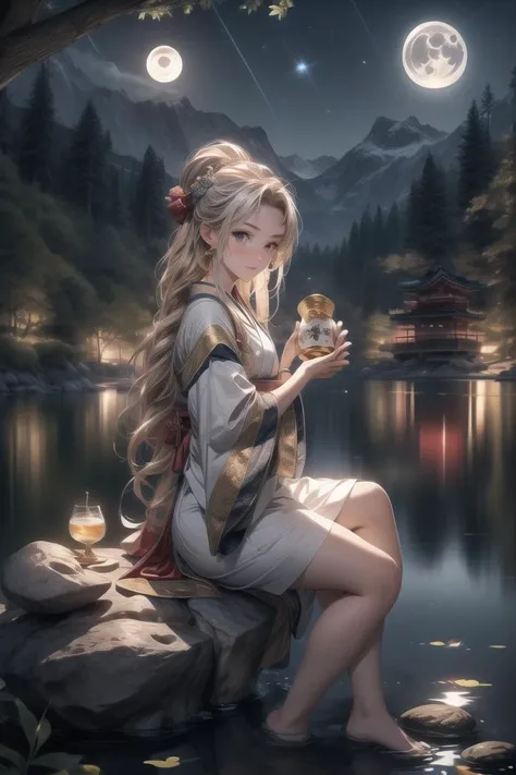 masterpiece, extremely detailed, ultra high res, 8K, 1girl, (girl holding sake dish under the moon:1.3), (night:1.3), moonlight, (sitting on a large rock by a lake:1.3), <lora:add_detail:1.5>