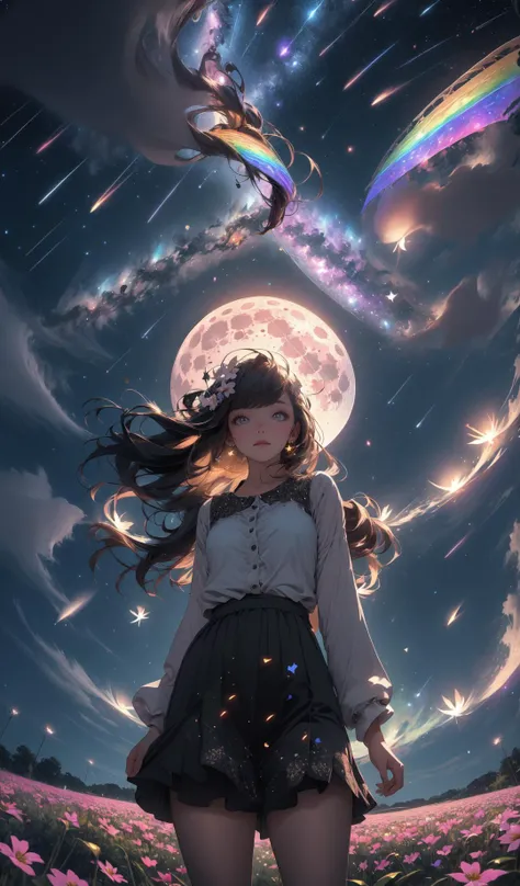 (bottom view),girl standing in a flower field looking up (full moon),(shooting stars),(nebula),sakura,(warm light source:),(Firefly),intricate details,volumetric lighting,(masterpiece),(best quality),4k,ultra-detailed,(dynamic composition),highly detailed,colorful details,(rainbow colors),(glowing lighting, atmospheric lighting),dreamy,magical,<lora:High-Colors-details:0.1>,<lora:add_detail:0.4>,