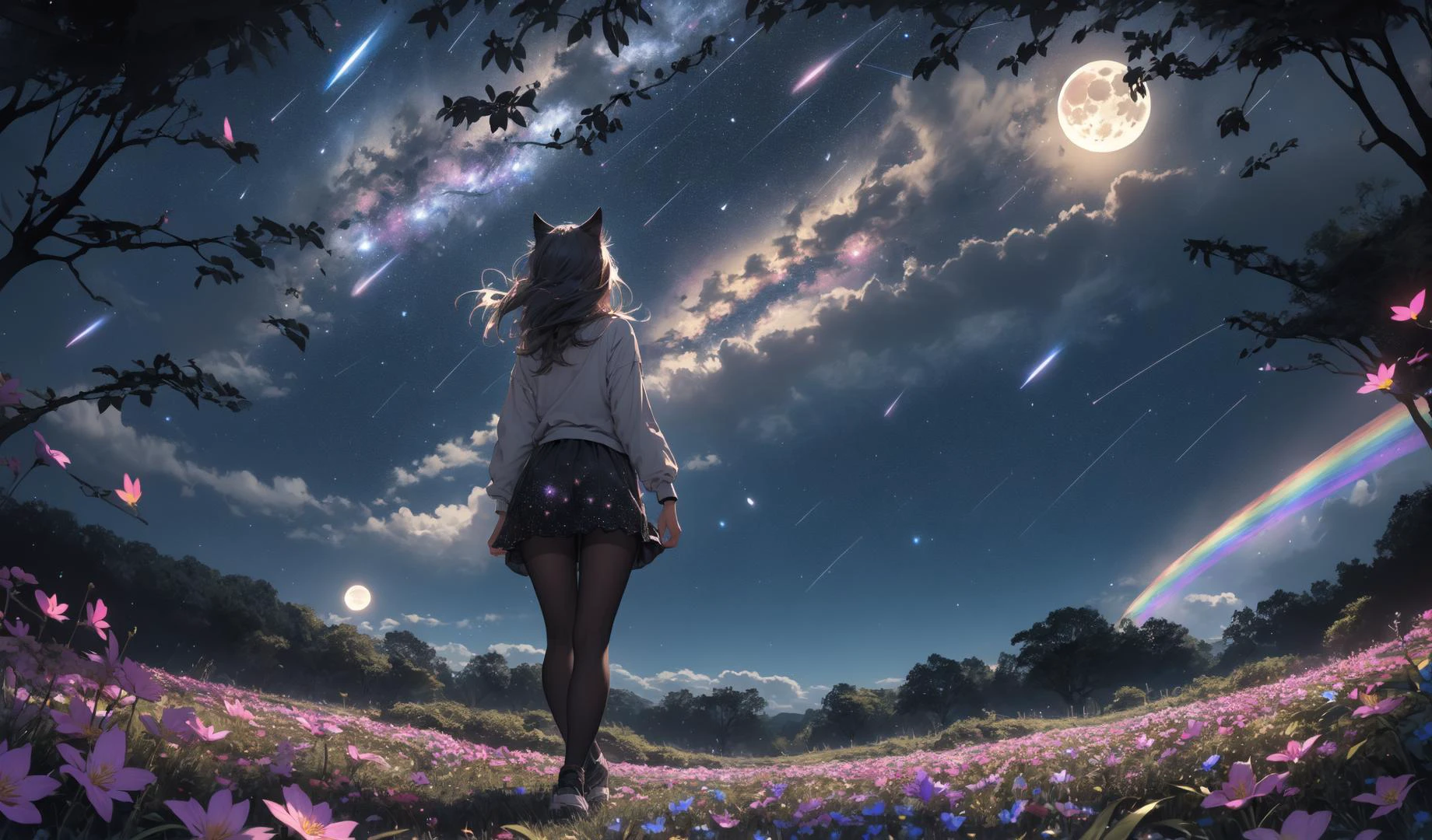 (bottom view),catgirl standing in a flower field looking up (full moon),(shooting stars),(nebula),sakura,(warm light source:),(Firefly),intricate details,volumetric lighting,(masterpiece),(best quality),4k,ultra-detailed,(dynamic composition),highly detailed,colorful details,(rainbow colors),(glowing lighting, atmospheric lighting),dreamy,magical,<lora:High-Colors-details:0.1>,<lora:add_detail:0.4>,