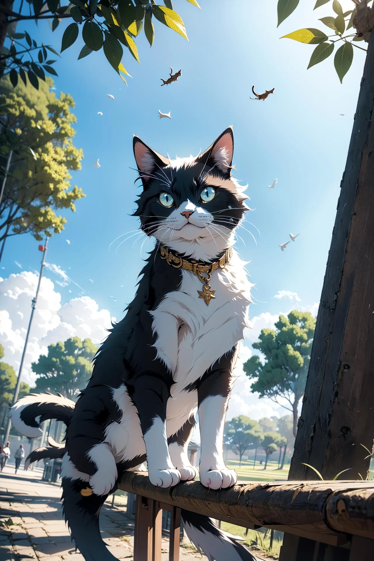 masterpiece,best quality,ultra-detailed,intricate,1animal,anime cat,cowboy shot,),outside,park,sky,sun,trees,jewelery,dynamic pose,dynamic angle,from above,