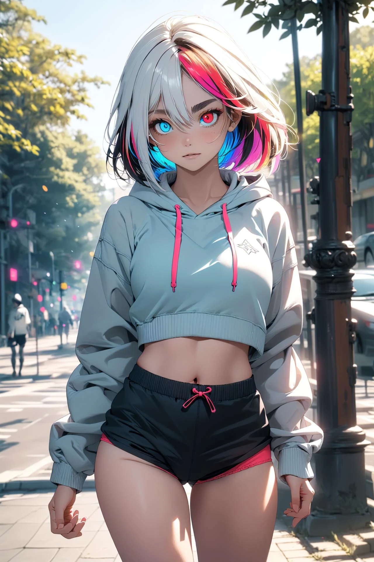 masterpiece,best quality,ultra-detailed,intricate,detailed face,detailed eyes,beautiful eyes,1girl,cowboy shot,(micro shorts, highleg panties, open fly:1.4),(hoodie, open hoodie:1.2),sports bra,fishnet legwear,arms up,armpits,holding hair,long hair,(flowing hair, multicolored hair:1.3),iridescent hair,(heterochromia, blue eyes, red eyes:1.5),outside,park,sky,sun,trees,jewelery,dynamic pose,dynamic angle,from above,(bloom, depth of field:1.2),style-swirlmagic,