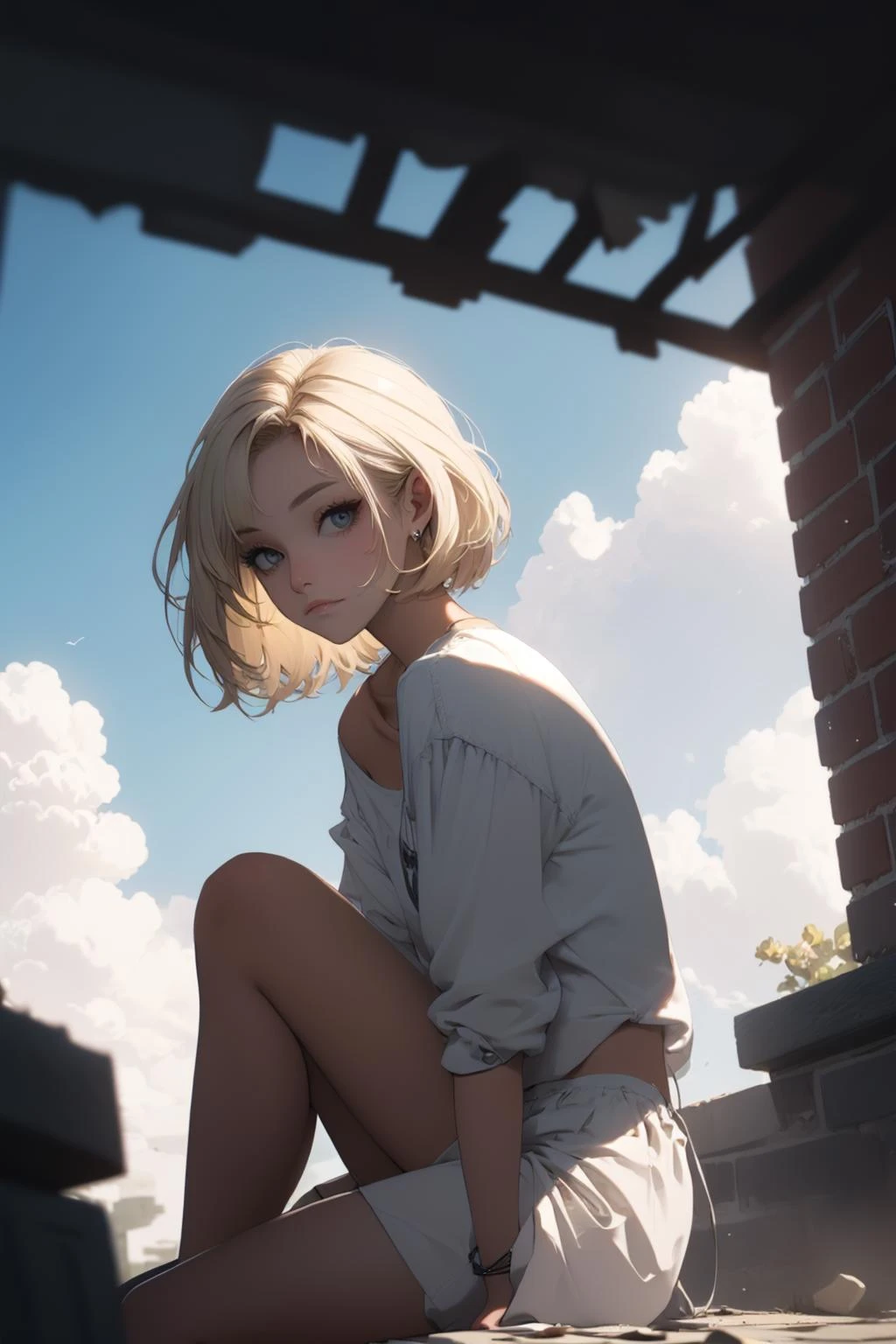 (extremely detailed fine touch:1.3),(hard light, studio light, light rays, dappled light, reflection, shadows, ray tracing:1),///,girl,short hair,light blonde,upper body,sky,cloud,flower,sit on bricks,