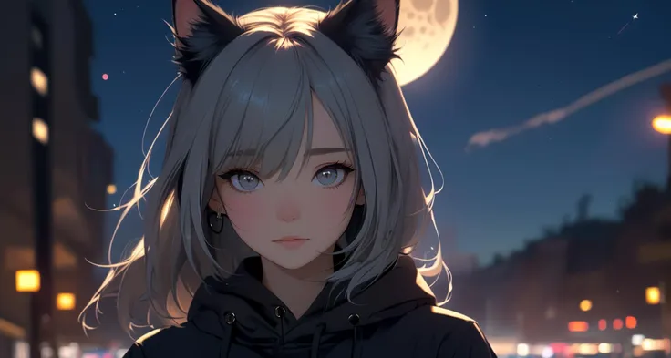 portrait of a girl,1girl,(masterpiece, best_quality, ultra-detailed, immaculate:1.3),grey skin,hoodie,goth,cat ears,bored face,dark multicolor hair,city at night background,moon,stars,